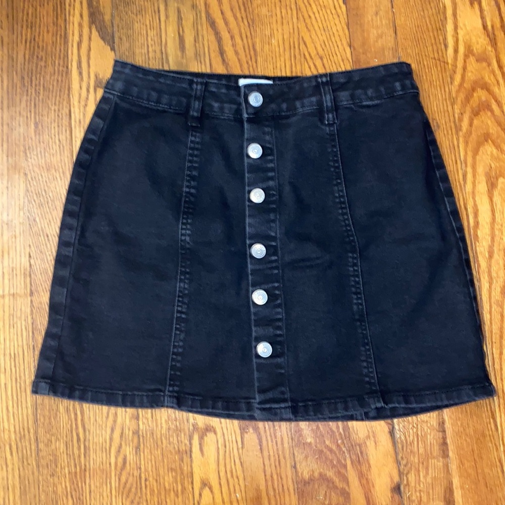 15” long black jean button down skirt